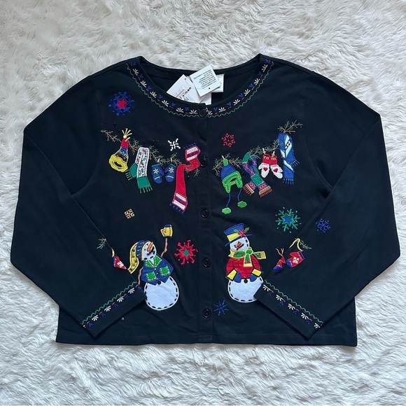 Michael Simon Light Cardigan Ugly Christmas Sweater Snowmen Black XL NWT New - Picture 1 of 12
